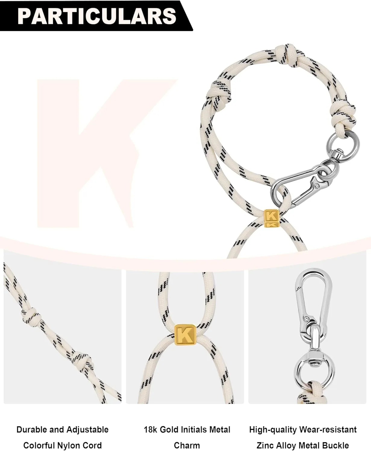 Cute Initials Charm Rope Keychain for Women Men Carabiner Knot Lanyard Keyring, Charms for Purse Backpacks Handbag