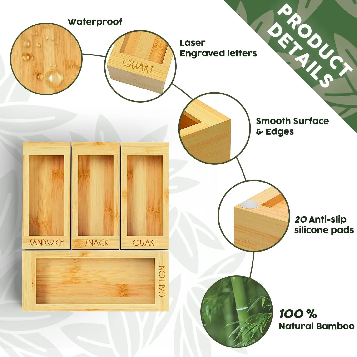DALSHABET Bamboo Storage Bag Organizer, 4 Separate Food Storage Bags, 12x14 Baggie Organizer Dispenser for All Brands Gallon, Snack, Sandwich & Quart Slider Bags Beige