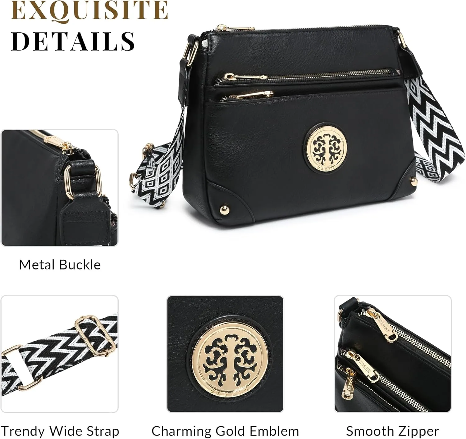 Dasein Crossbody Purses for Women Trendy Multi Pockets Shoulder Bag Medium Handbags with Guitar Strap