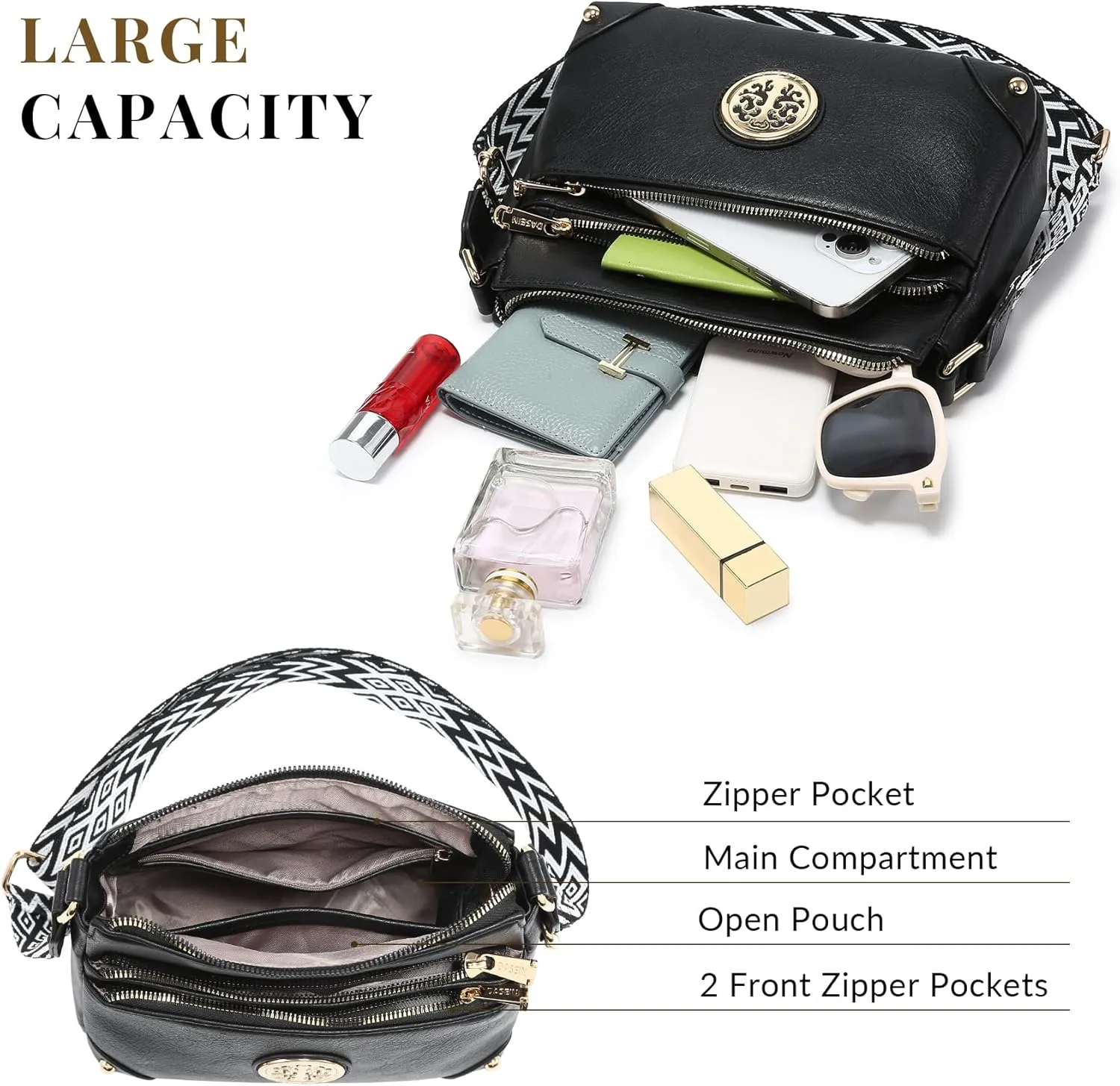 Dasein Crossbody Purses for Women Trendy Multi Pockets Shoulder Bag Medium Handbags with Guitar Strap