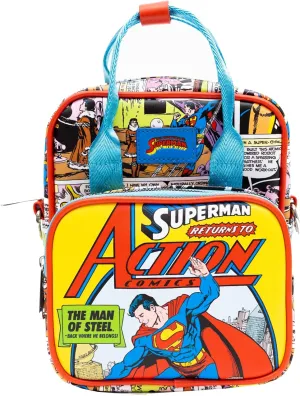 DC Comics Bag, Crossbody, Superman Return to Action Comics Cover Pose and Scenes, Vegan Leather