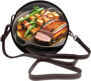 Delicious Grilled Meat Removable Shoulder Strap Waterproof Leather Shoulder Round Bag Crossbody Bag Travel Shopping Dating Handbag Purse