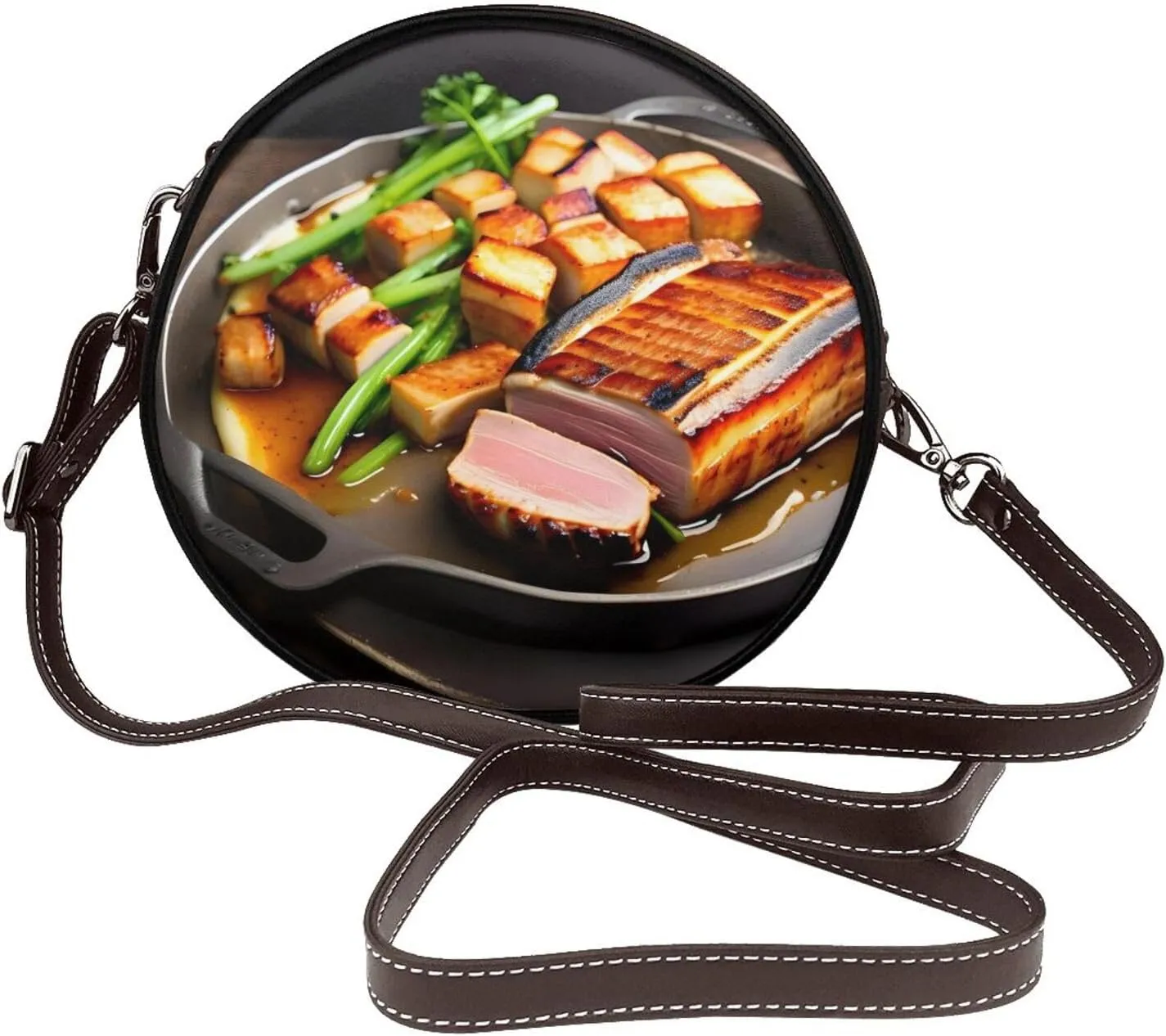 Delicious Grilled Meat Removable Shoulder Strap Waterproof Leather Shoulder Round Bag Crossbody Bag Travel Shopping Dating Handbag Purse