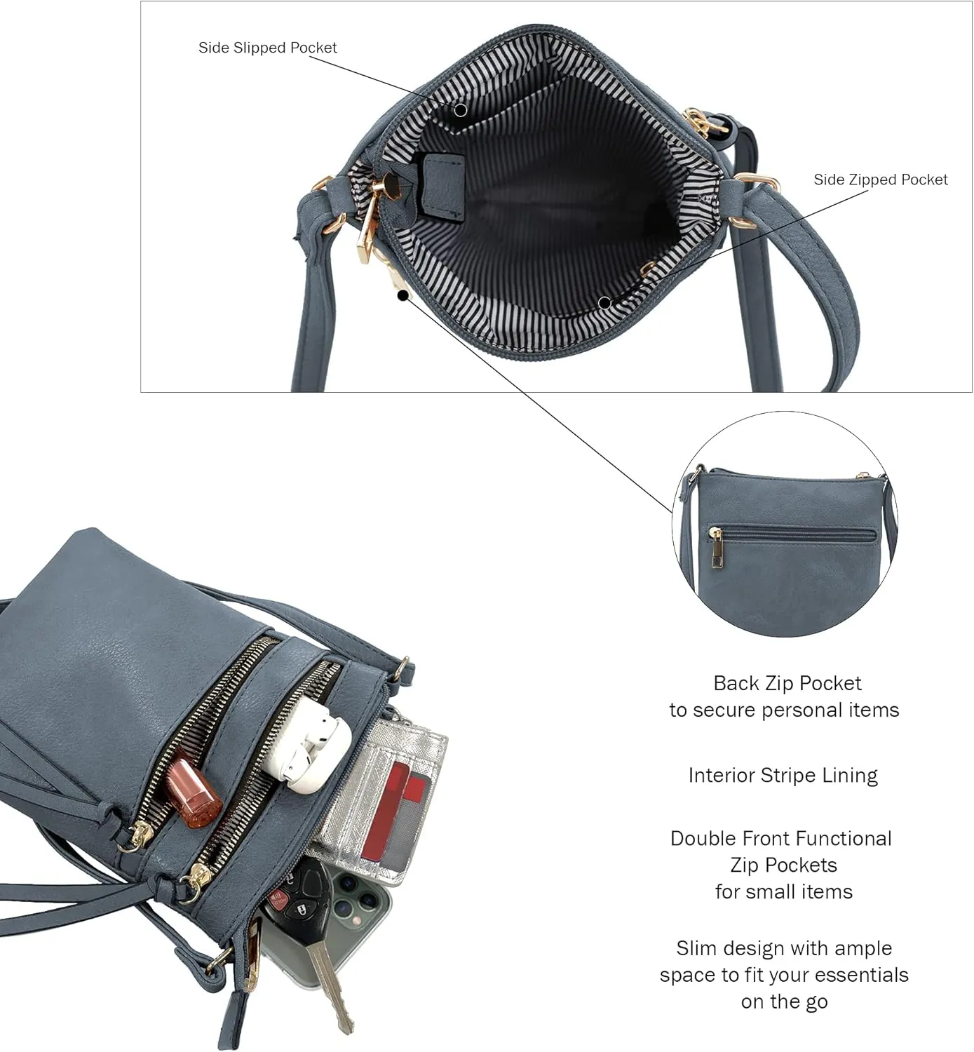 DELUXITY | Crossbody Purse Bag | Functional Multi Pocket Double Zipper Purse | Adjustable Strap | Medium Size Purse |Dark Blue