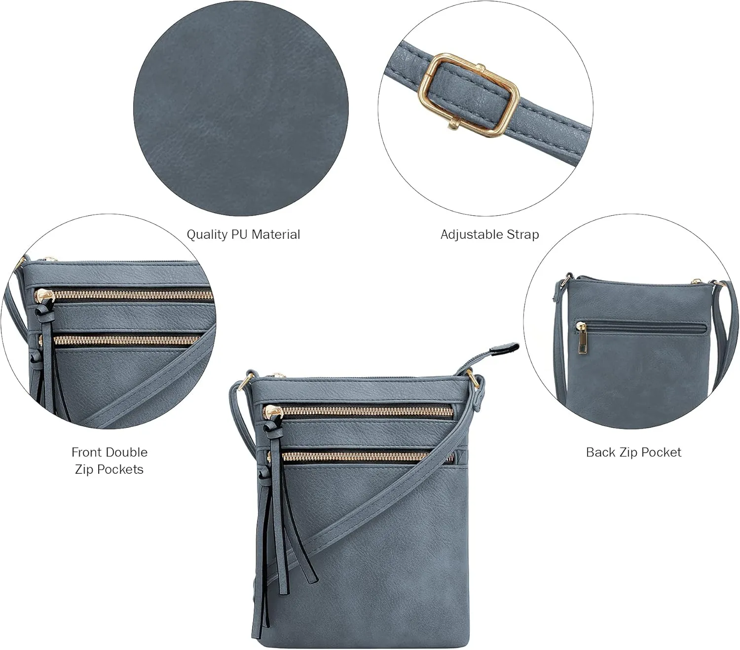 DELUXITY | Crossbody Purse Bag | Functional Multi Pocket Double Zipper Purse | Adjustable Strap | Medium Size Purse |Dark Blue