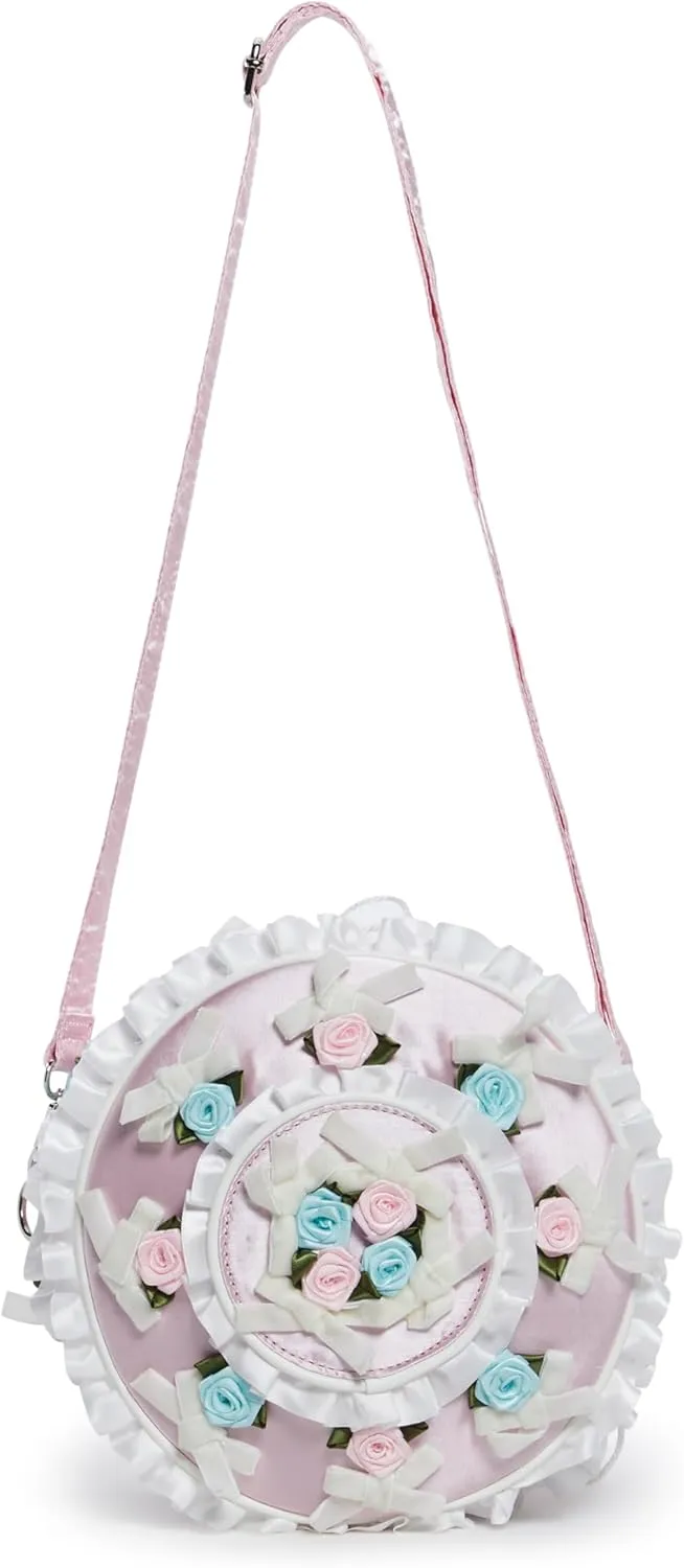 Dolls Kill Just Desserts Cake Crossbody Bag – Whimsical Layered Cake Purse with Satin Bows, Roses & Removable Strap, One Size