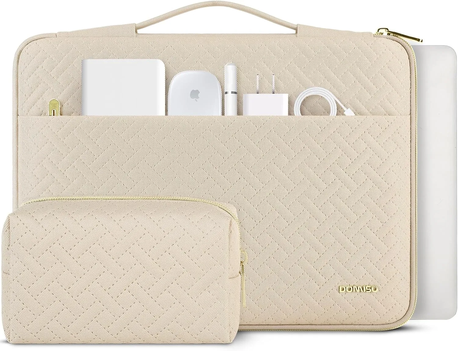 DOMISO Laptop Sleeve Case 15.6 inch Waterproof Shockproof Computer Carrying Handbag with Handle and Small Accessory Bag Compatible with 15.6 inch MacBook Pro HP Dell Aspire Asus Notebook,Beige