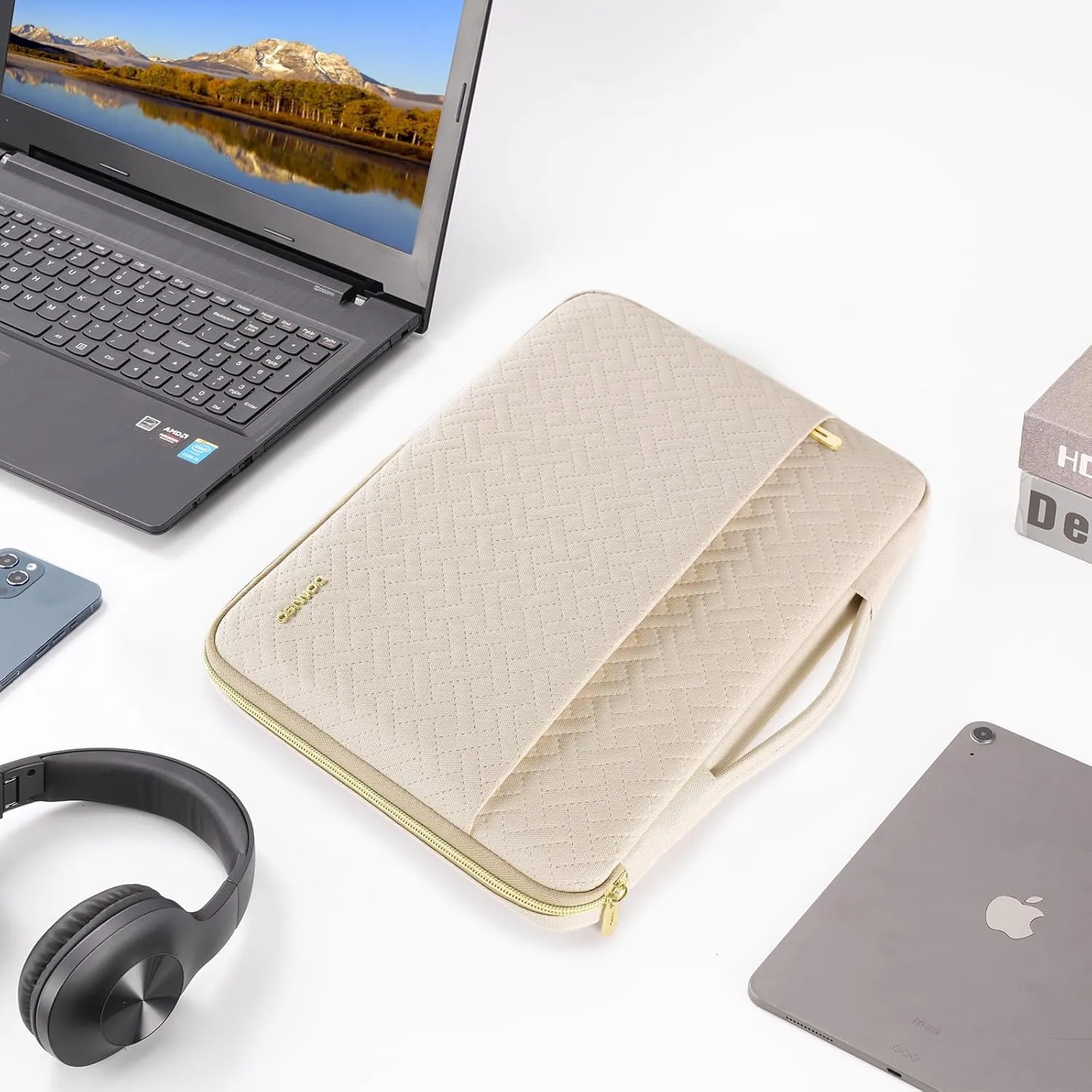 DOMISO Laptop Sleeve Case 15.6 inch Waterproof Shockproof Computer Carrying Handbag with Handle and Small Accessory Bag Compatible with 15.6 inch MacBook Pro HP Dell Aspire Asus Notebook,Beige