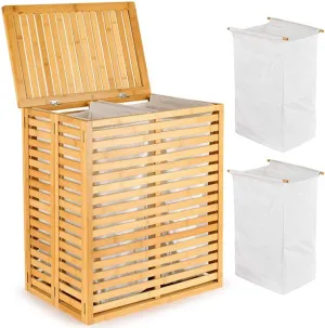 Double Laundry Hamper with Lid, Foldable Bamboo Laundry Baskets with 2-Section Removable Liner Bag, Space-Saving Laundry Sorter for Bathroom, Bedroom and Laundry Room, 21.69'L x 13.85'W x 25.39'H