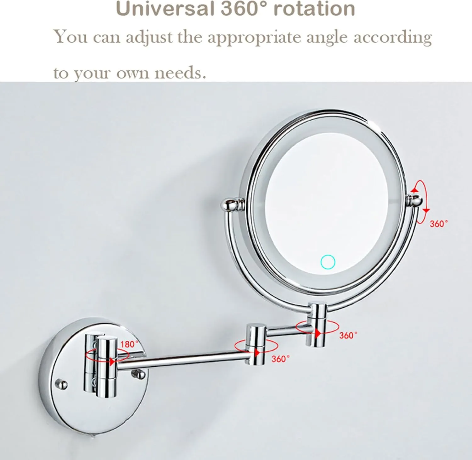 Double-sided Makeup Mirror, Wall-mounted Illuminated Cosmetic Mirror, 360° Freely Rotating Vanity Mirror, Retractable Magnifying Mirror Touch-sensitive Bathroom Shaving Mirror
