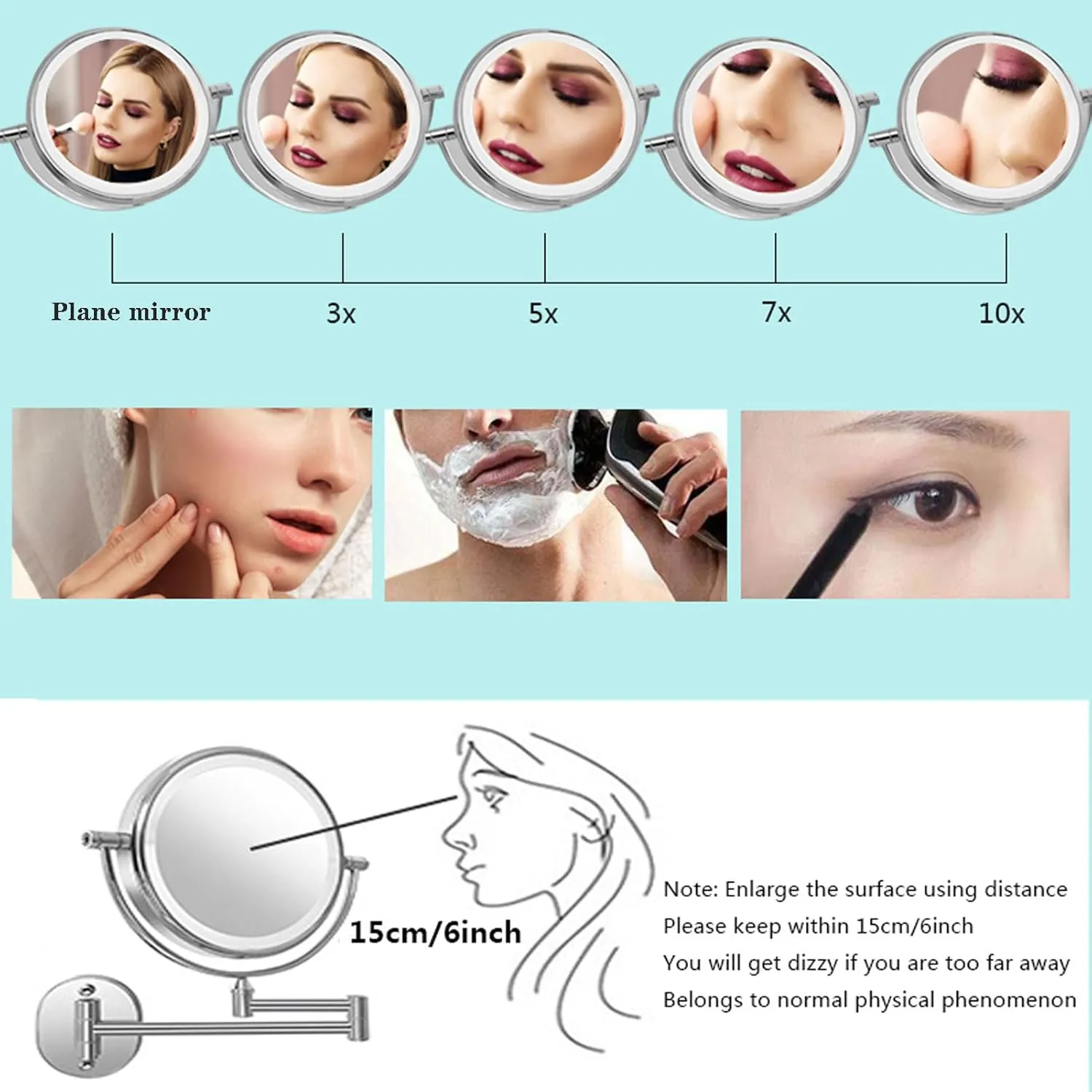 Double-sided Makeup Mirror, Wall-mounted Illuminated Cosmetic Mirror, 360° Freely Rotating Vanity Mirror, Retractable Magnifying Mirror Touch-sensitive Bathroom Shaving Mirror