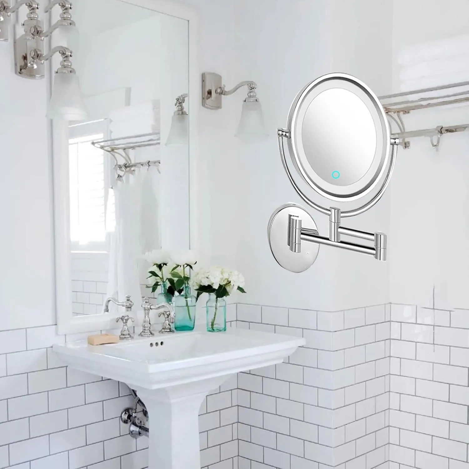 Double-sided Makeup Mirror, Wall-mounted Illuminated Cosmetic Mirror, 360° Freely Rotating Vanity Mirror, Retractable Magnifying Mirror Touch-sensitive Bathroom Shaving Mirror