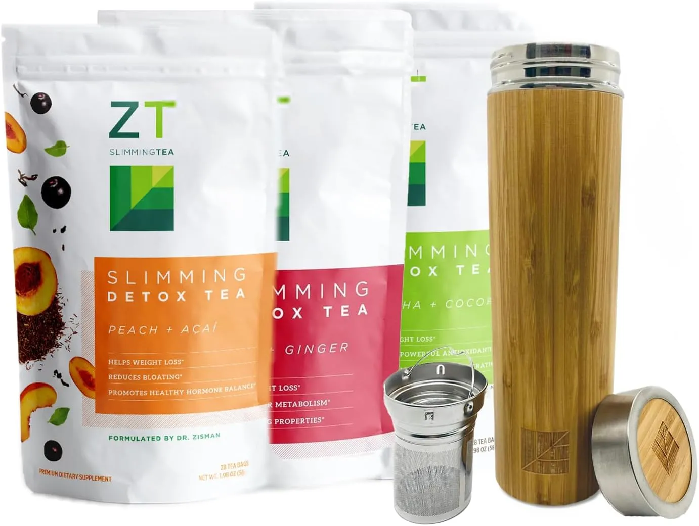 Dr. Zisman Wellness Tea Set & Stainless Steel Infuser Bottle – Matcha, Goji, Peach Detox Blends with Bamboo Infuser, Leak-Proof Travel Mug, Hot & Cold Beverage Thermos (500ml)