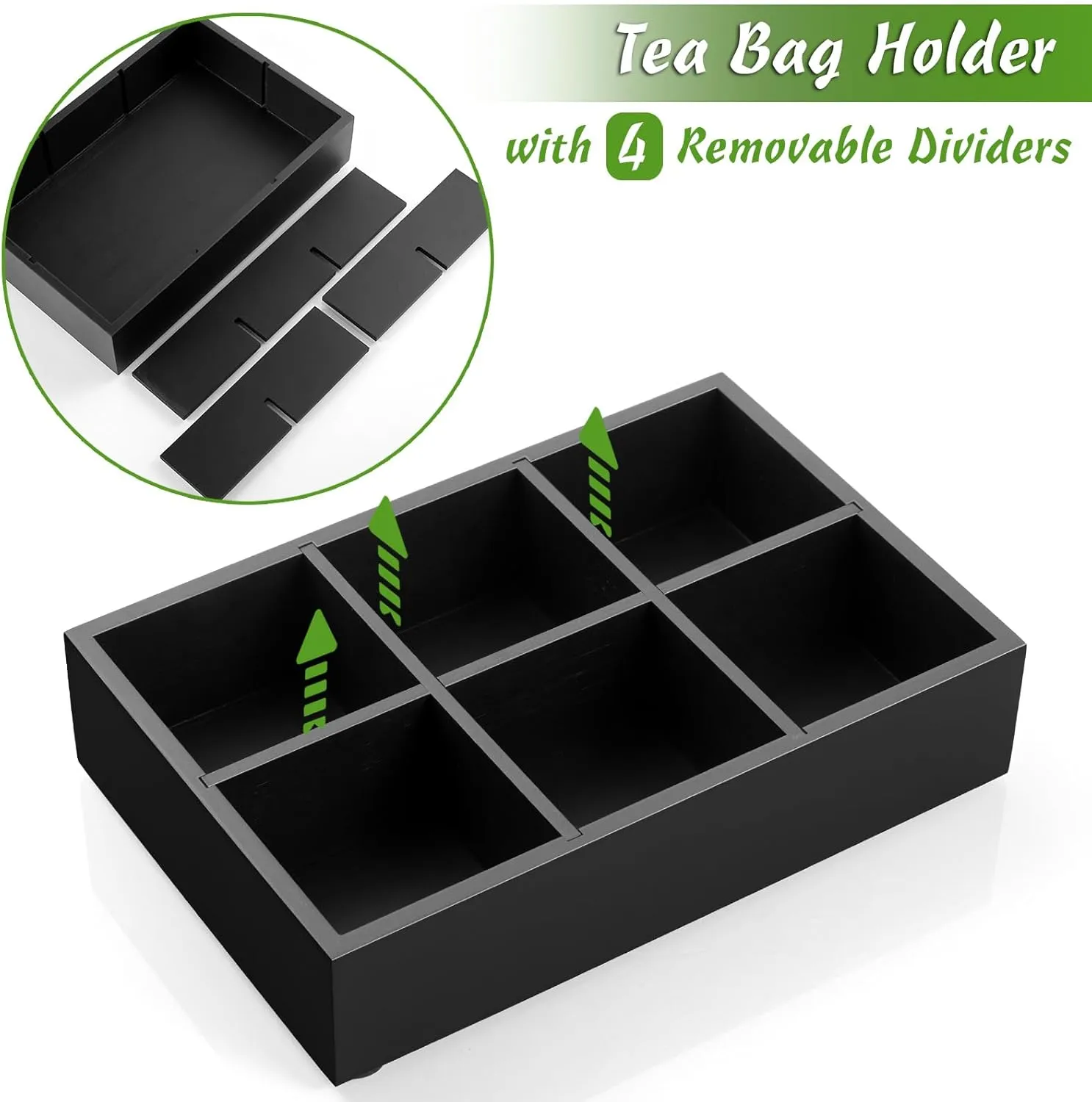 DRASTAR Tea Bag Organizer, Tea Bag Drawer Organizer, Wooden Tea Bag Holder, Tea Chest with 6 Compartments, Tea Organizer Storage Box, Tea Caddy for Tea Bags Organizer, Black