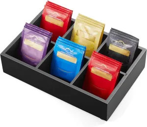 DRASTAR Tea Bag Organizer, Tea Bag Drawer Organizer, Wooden Tea Bag Holder, Tea Chest with 6 Compartments, Tea Organizer Storage Box, Tea Caddy for Tea Bags Organizer, Black