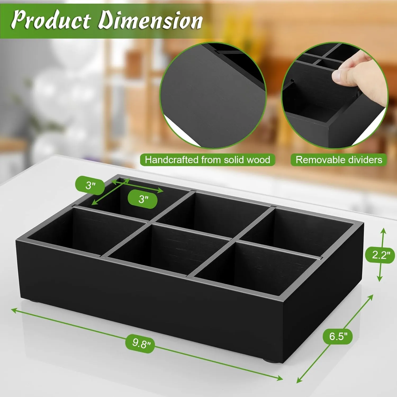 DRASTAR Tea Bag Organizer, Tea Bag Drawer Organizer, Wooden Tea Bag Holder, Tea Chest with 6 Compartments, Tea Organizer Storage Box, Tea Caddy for Tea Bags Organizer, Black