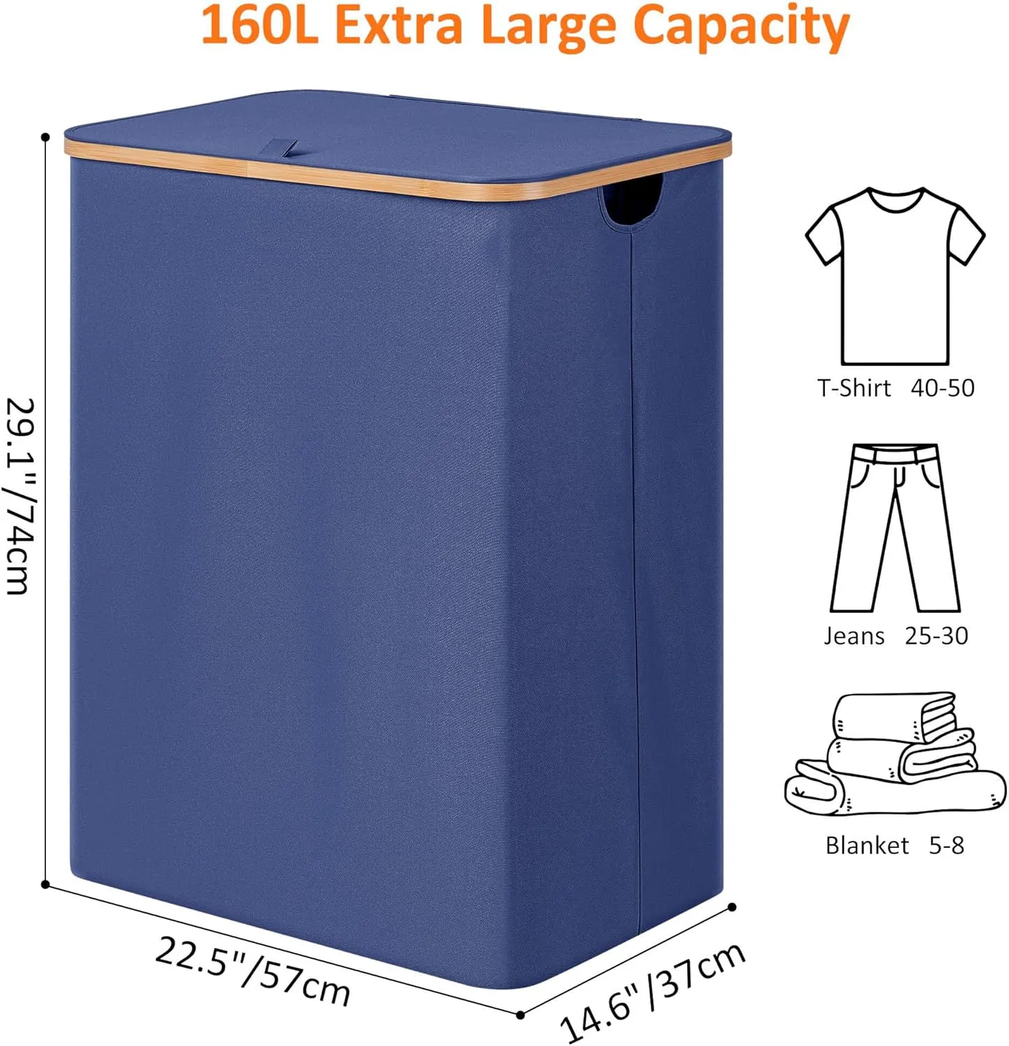 efluky Laundry Hamper with Lid, Trio Laundry Hamper with 3 Removable Bags, 3 Section Laundry Basket with Bamboo Handles for Bathroom, Bedroom & Laundry Room, 160L Blue