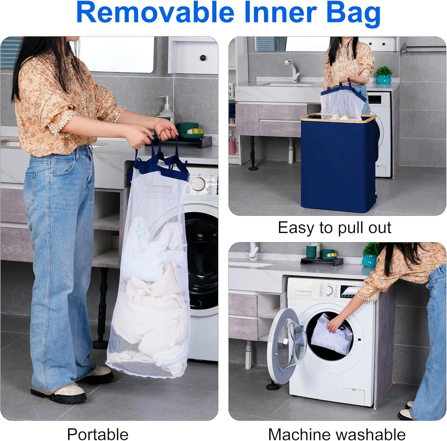 efluky Laundry Hamper with Lid, Trio Laundry Hamper with 3 Removable Bags, 3 Section Laundry Basket with Bamboo Handles for Bathroom, Bedroom & Laundry Room, 160L Blue