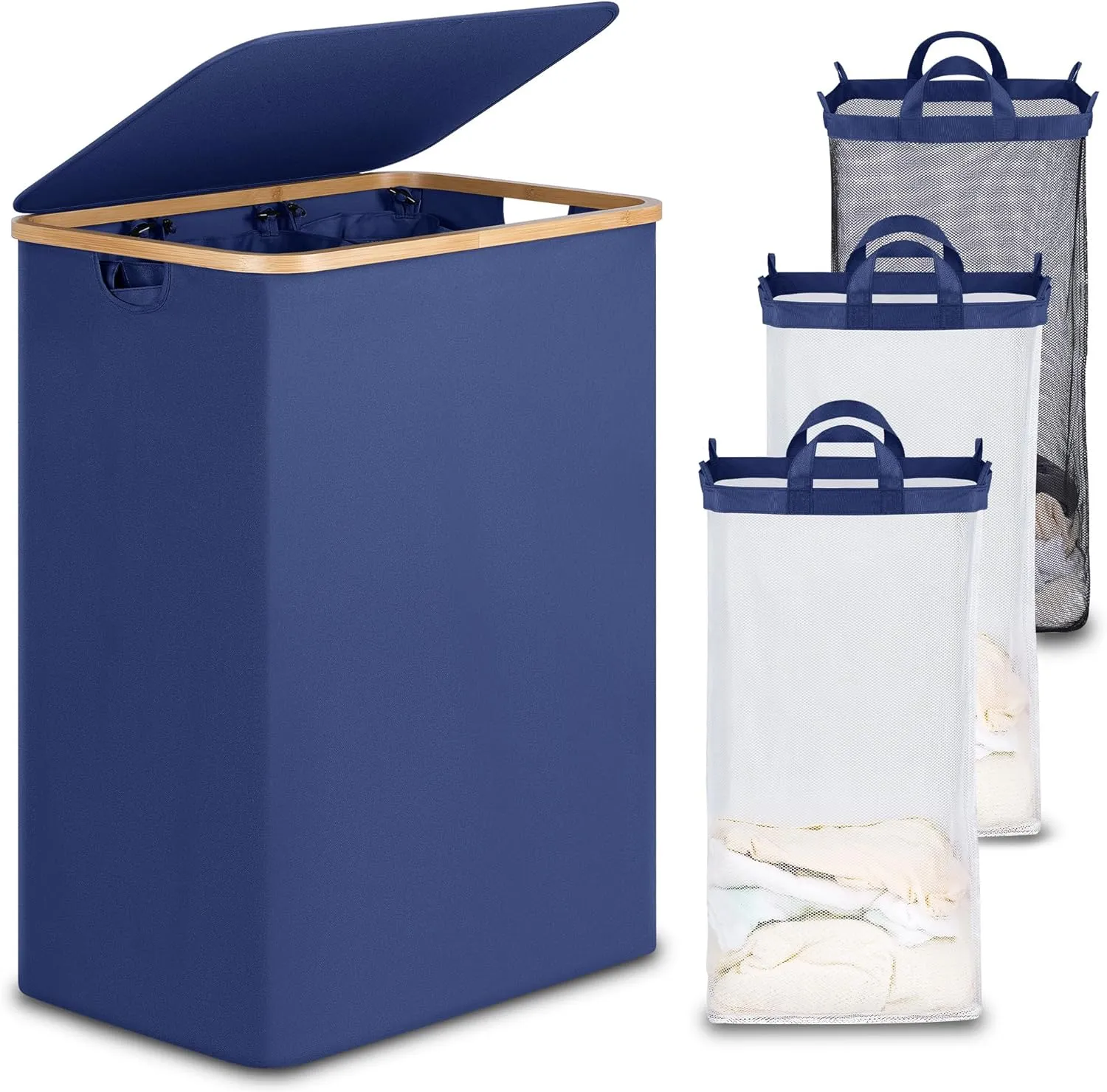 efluky Laundry Hamper with Lid, Trio Laundry Hamper with 3 Removable Bags, 3 Section Laundry Basket with Bamboo Handles for Bathroom, Bedroom & Laundry Room, 160L Blue
