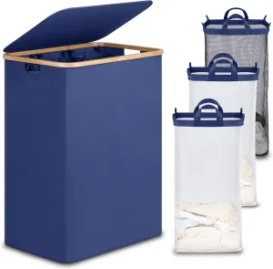 efluky Laundry Hamper with Lid, Trio Laundry Hamper with 3 Removable Bags, 3 Section Laundry Basket with Bamboo Handles for Bathroom, Bedroom & Laundry Room, 160L Blue