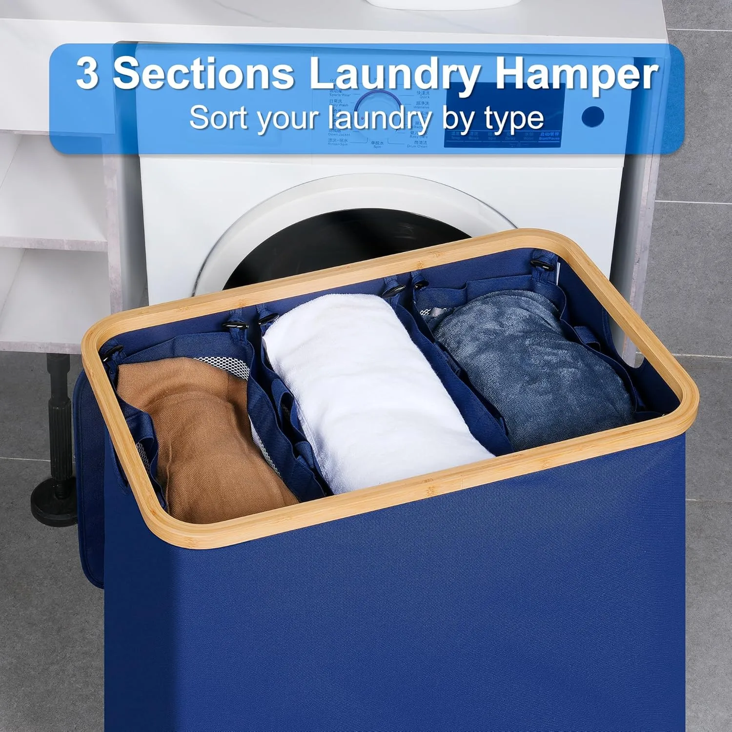 efluky Laundry Hamper with Lid, Trio Laundry Hamper with 3 Removable Bags, 3 Section Laundry Basket with Bamboo Handles for Bathroom, Bedroom & Laundry Room, 160L Blue