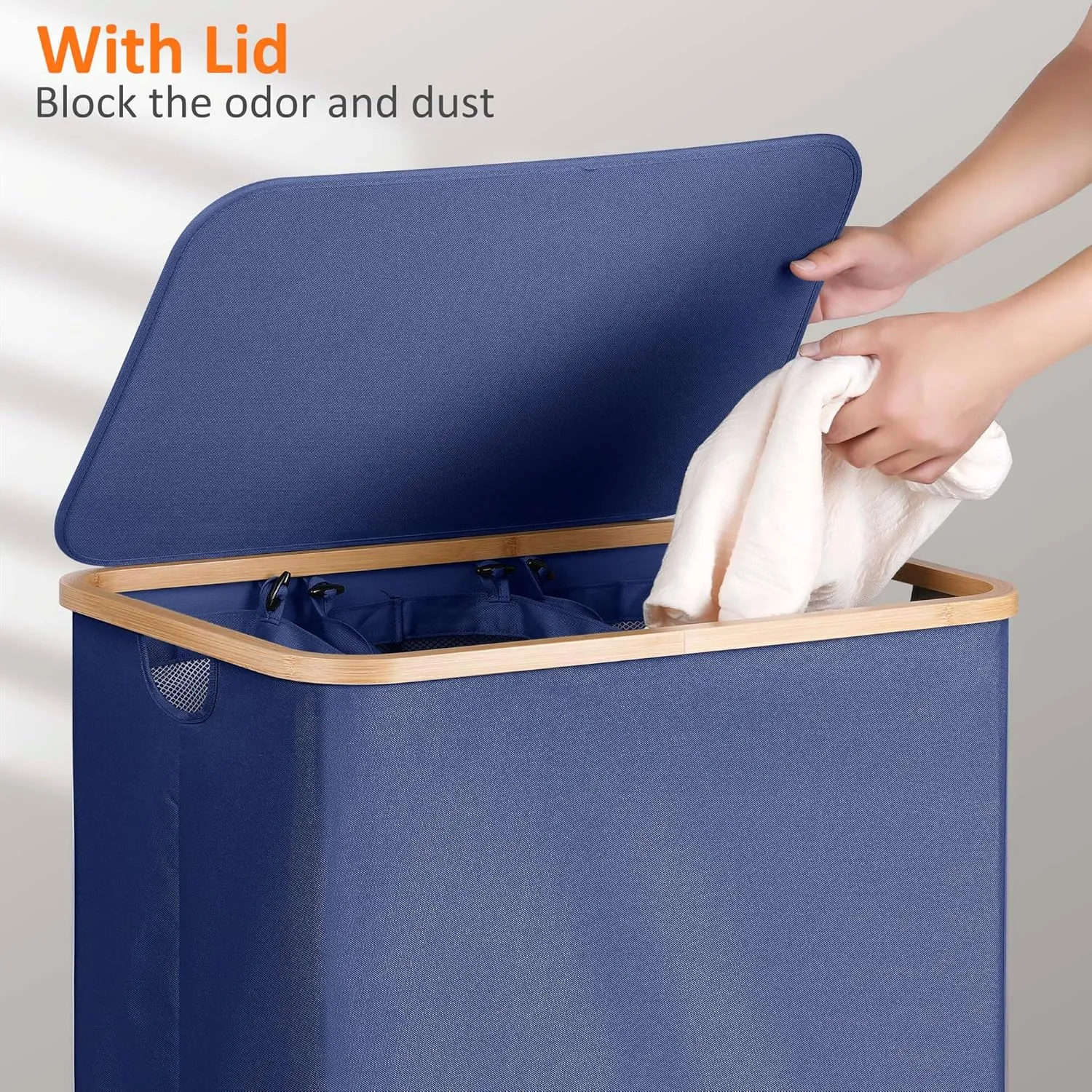 efluky Laundry Hamper with Lid, Trio Laundry Hamper with 3 Removable Bags, 3 Section Laundry Basket with Bamboo Handles for Bathroom, Bedroom & Laundry Room, 160L Blue