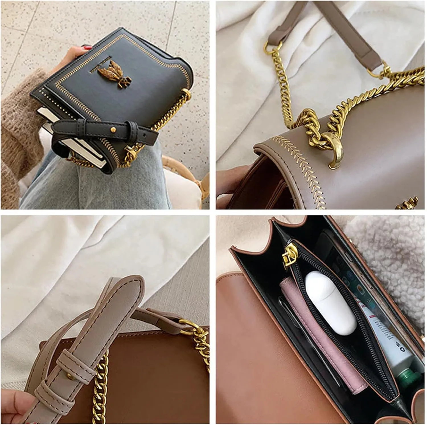 Elegant Bee Patch Crossbody Bag For Women,Chain Retro Bee Shoulder And Crossbody Small Square Bag.