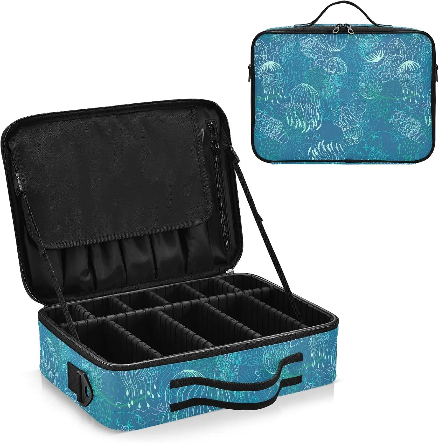 Elegant Blue Jellyfish Travel Makeup Bag, Makeup Bags for Women, Travel Makeup Train Case, Professional Cosmetic Case Organizer Portable Artist Storage Bag for Cosmetics Makeup
