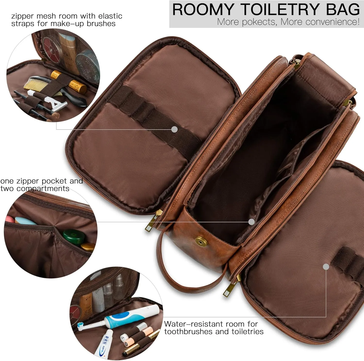 Elviros Travel Toiletry Bag for Men, Shaving Dopp Kit Water-resistant Bathroom Small Toiletries Organizer PU Leather Cosmetic Bags