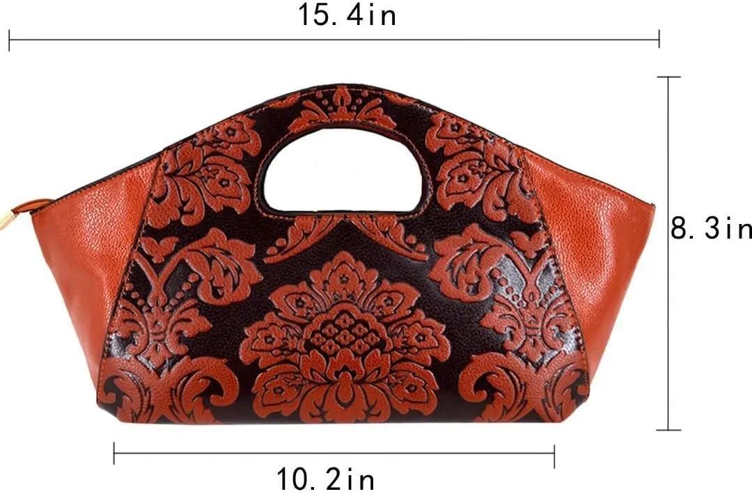 Embossing Floral Handbag Satchel Purse with Removable Strap Brown Womens Retro Shoulder Crossbody Tote