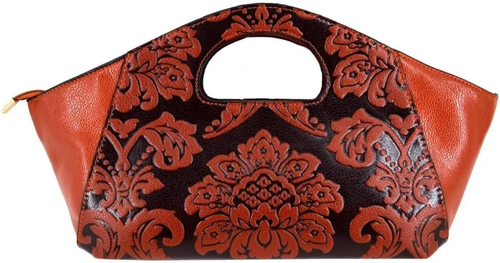 Embossing Floral Handbag Satchel Purse with Removable Strap Brown Womens Retro Shoulder Crossbody Tote