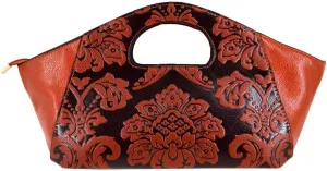 Embossing Floral Handbag Satchel Purse with Removable Strap Brown Womens Retro Shoulder Crossbody Tote
