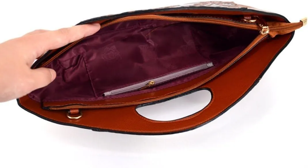 Embossing Floral Handbag Satchel Purse with Removable Strap Brown Womens Retro Shoulder Crossbody Tote