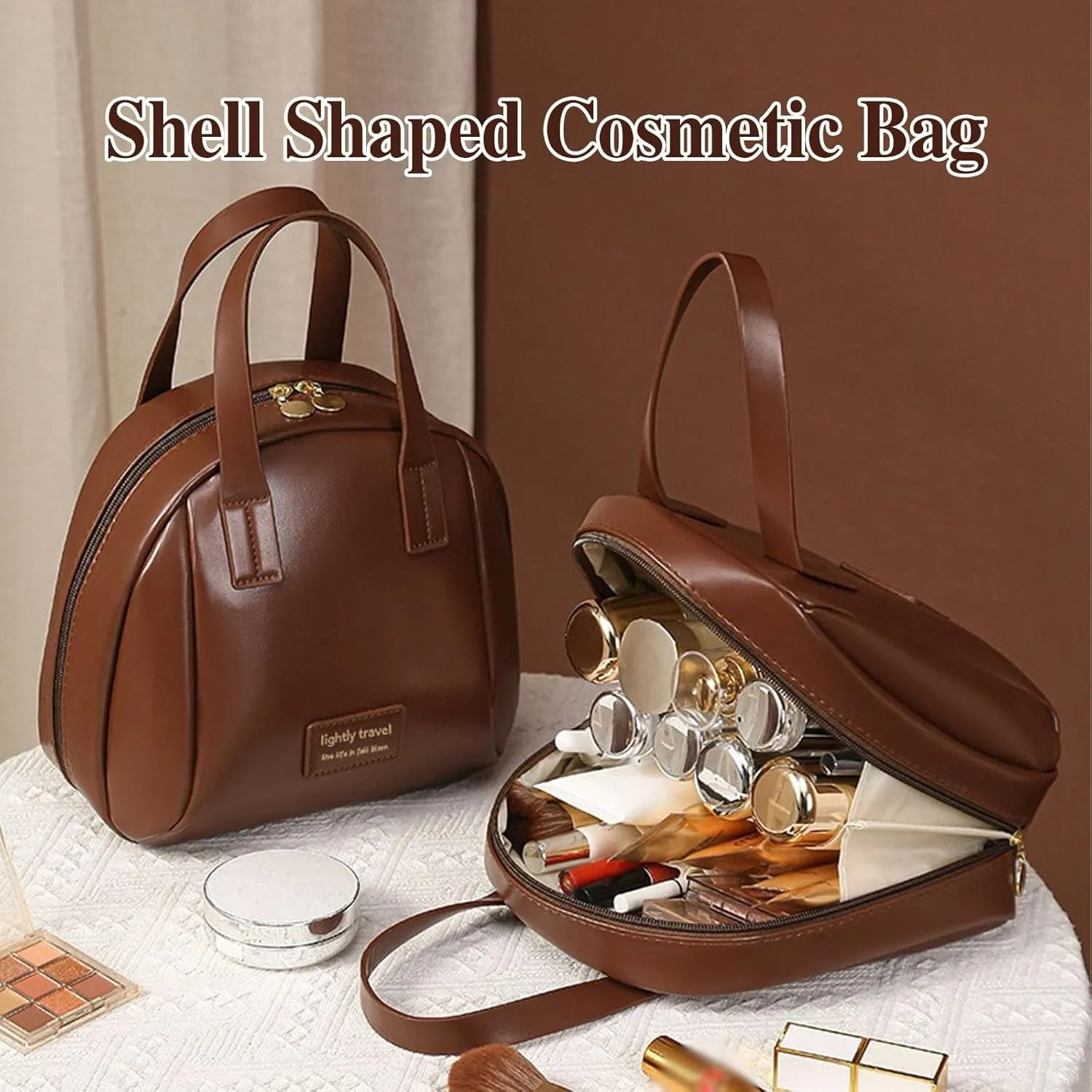 Expectatioin Makeup Bag, Expectatioin Multi-layered Shell-Shaped Cosmetic Bag, Shell Shaped Cosmetic Bag, Waterproof Travel Makeup Tote Bag, Portable Skincare Bag with Compartments(Brown black(L))