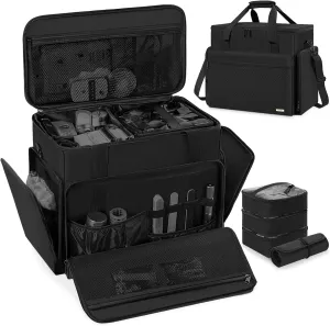 Extra Large Makeup Case with 4 Removable Pouches, Professional Make up Train Case,Travel Cosmetic Bag for Hairstylists Nail Tech Makeup Artist with Shoulder Strap and Handle (Black)