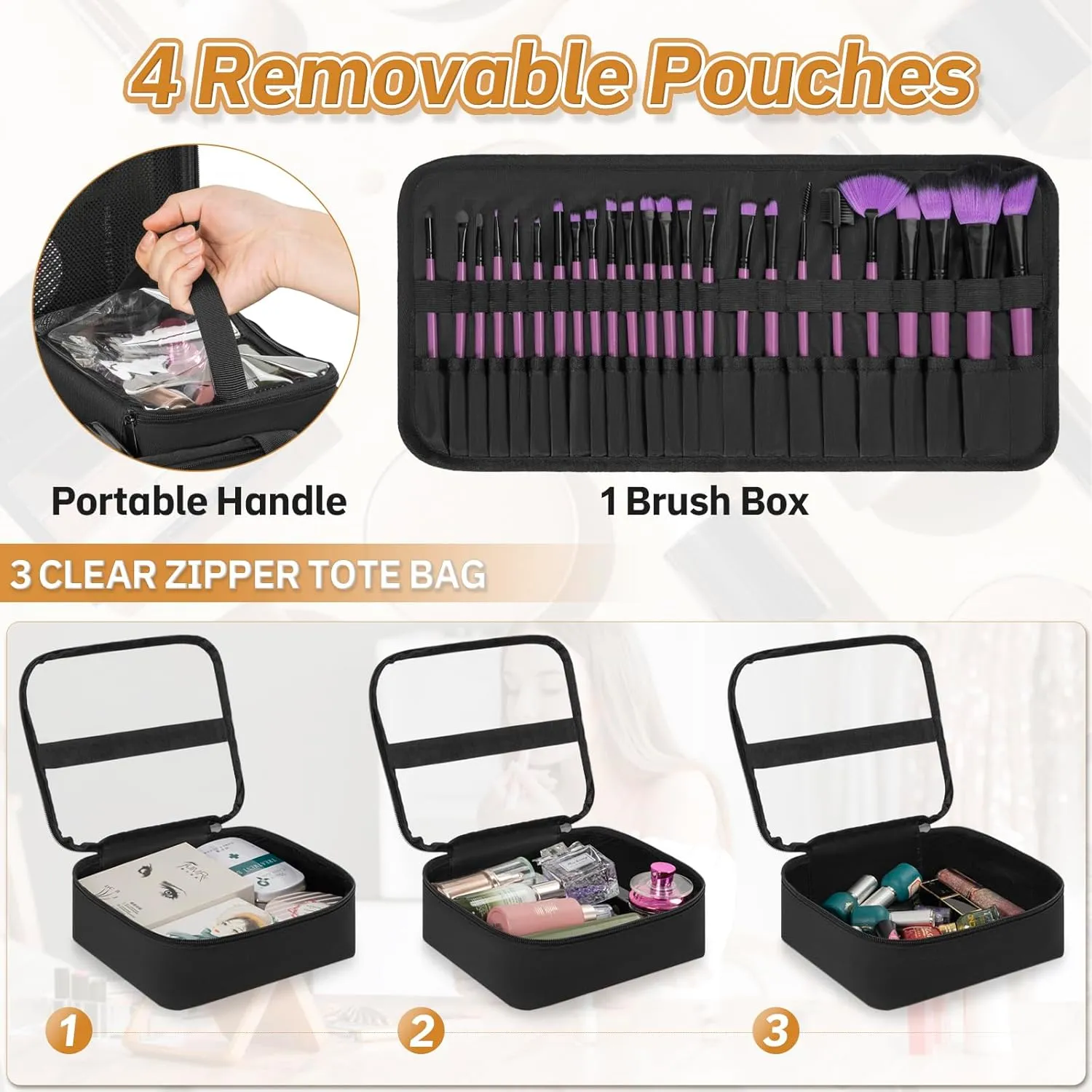 Extra Large Makeup Case with 4 Removable Pouches, Professional Make up Train Case,Travel Cosmetic Bag for Hairstylists Nail Tech Makeup Artist with Shoulder Strap and Handle (Black)