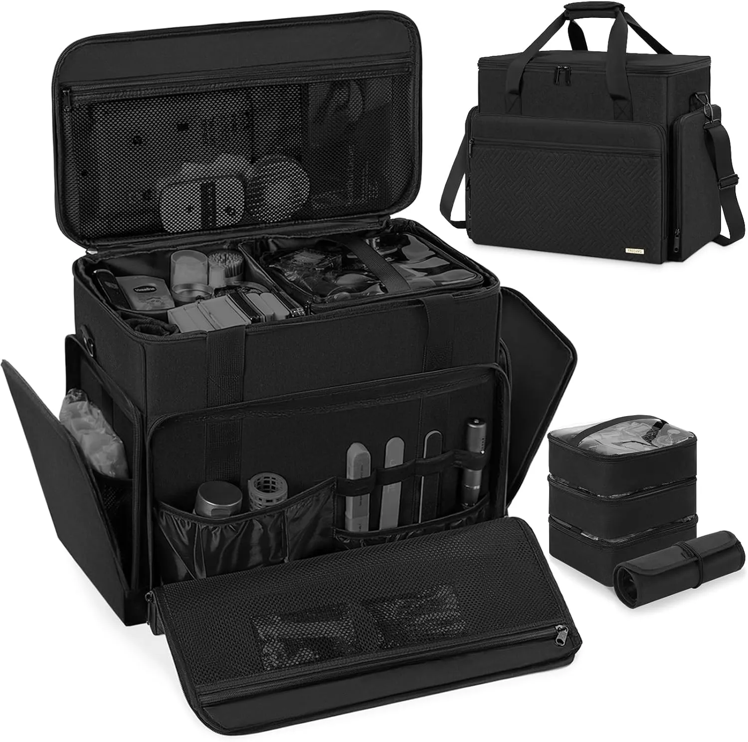 Extra Large Makeup Case with 4 Removable Pouches, Professional Make up Train Case,Travel Cosmetic Bag for Hairstylists Nail Tech Makeup Artist with Shoulder Strap and Handle (Black)