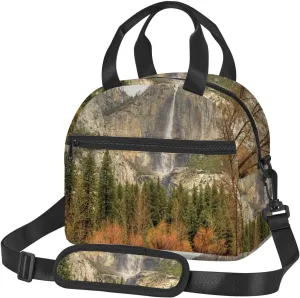 Falls Photo,Insulated Reusable Lunch Bag with Adjustable Shoulder Strap for Adults,Trees Mountain Cliff Autumn Park,Leakproof Office Picnic Hiking Beach Tote Bag,Orange Green,9x5x7.8in