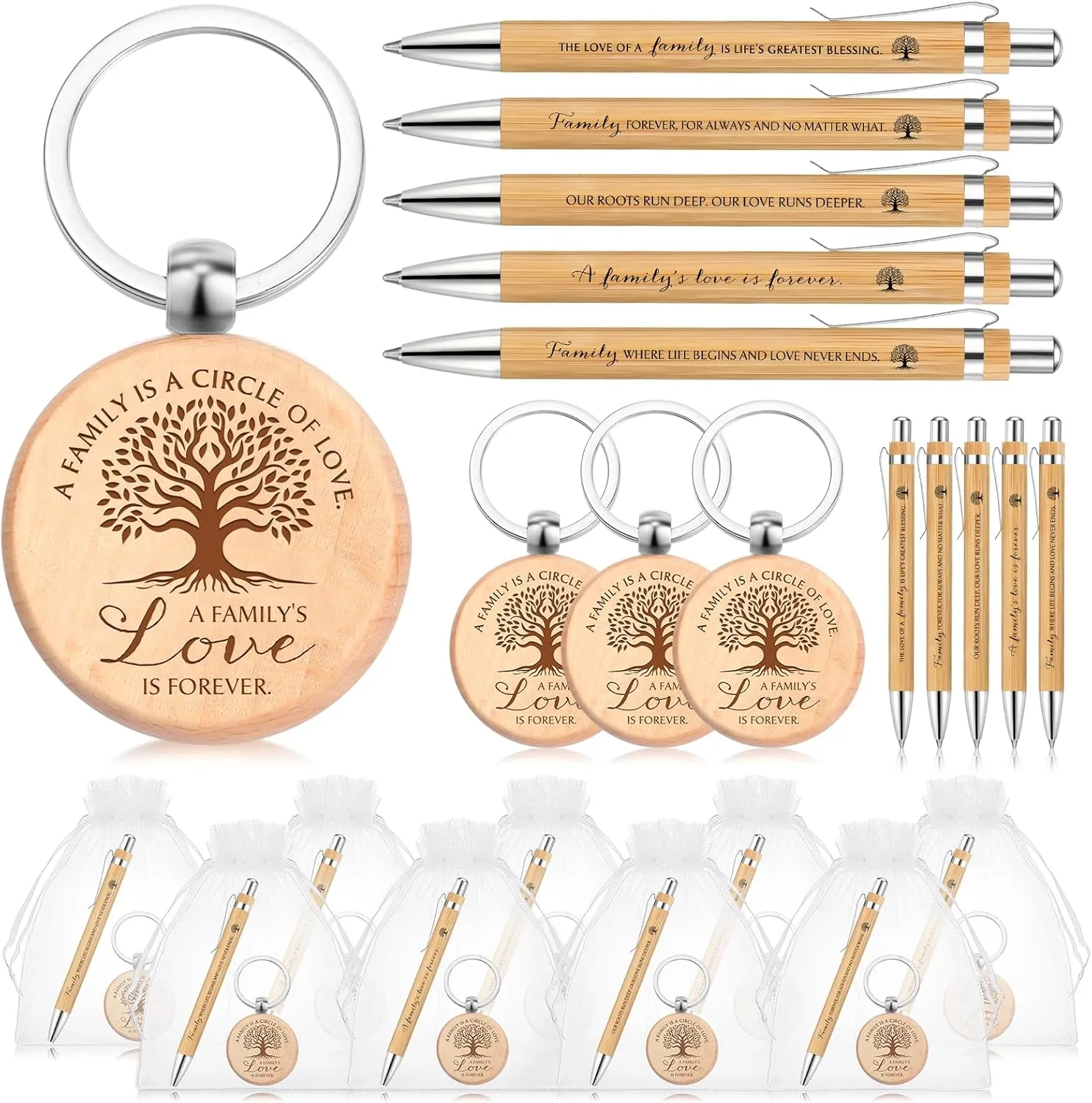 Family Reunion Party Favors Family Tree Keychain Remembering Our Roots Bamboo Pen with Bag for Gathering