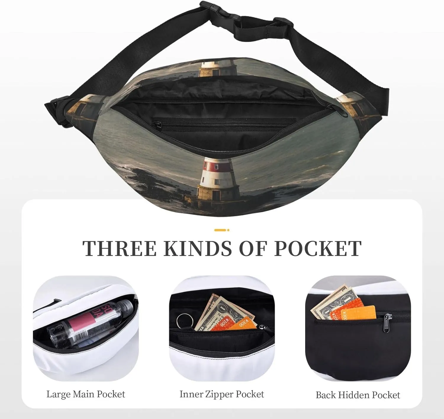 Fanny Pack for Men Women Waist Bag Adjustable Waist Pack Crossbody Belt Bag Lighthouse in Water Bum Bag