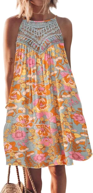 FARORO Womens Sleeveless Summer Beach Short Dresses Hollow Out Halter Coverup Casual A Line Sundress with Pockets