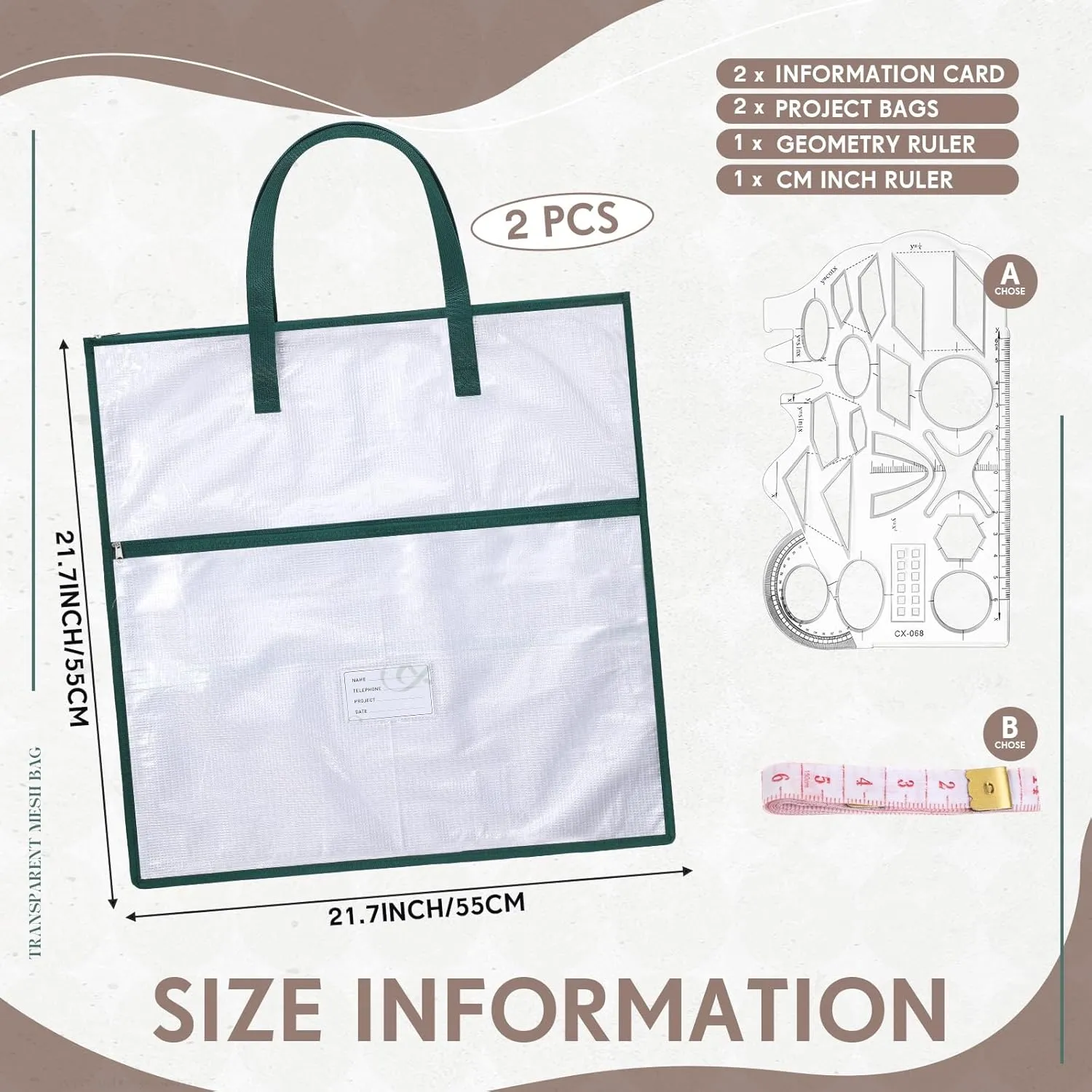 Feifeiya 2 Pack 21.7 inch Sew Project Bag Quilting Embroidery Craft Organizer Storage Bag with Handle and Pocket Zippered with Tools for Art Craft Knitting Quilting Stitching