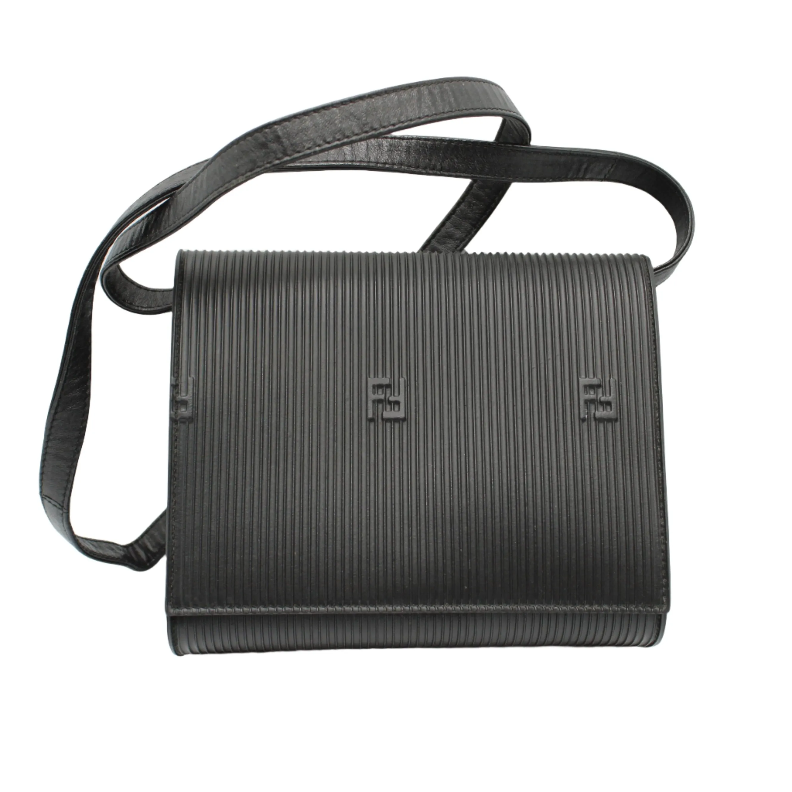 Fendi Black Leather Flap Embossed Logo Crossbody Bag
