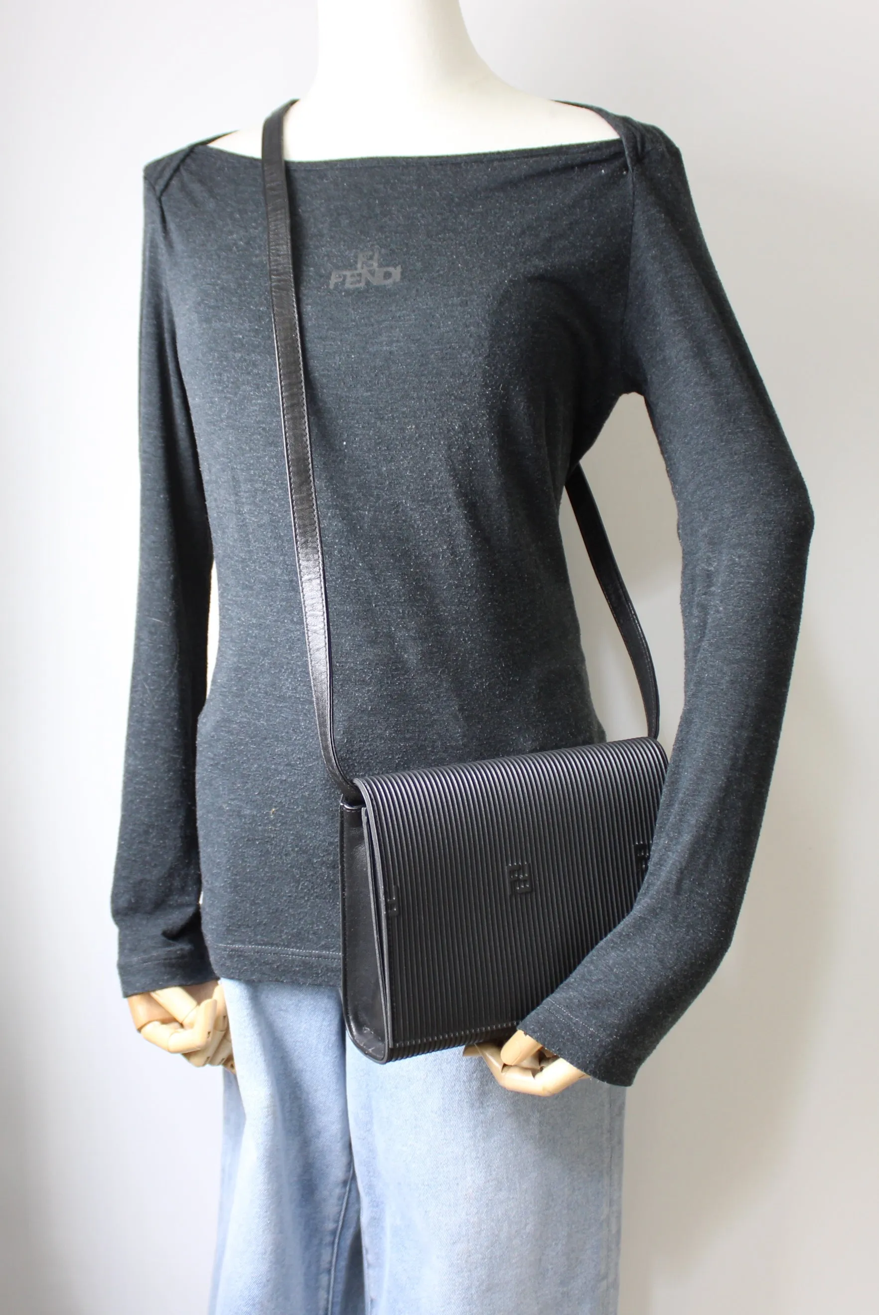 Fendi Black Leather Flap Embossed Logo Crossbody Bag