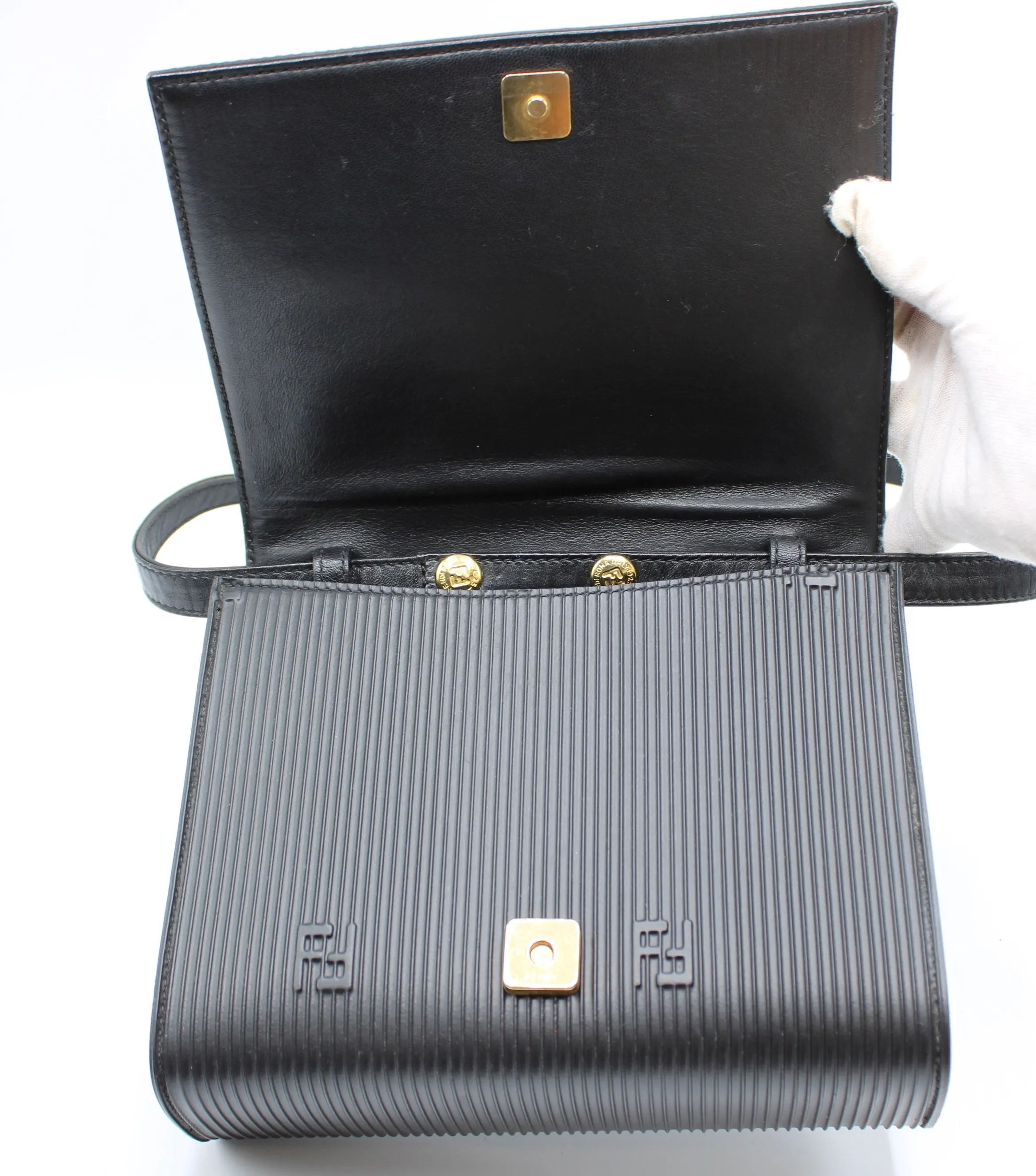 Fendi Black Leather Flap Embossed Logo Crossbody Bag
