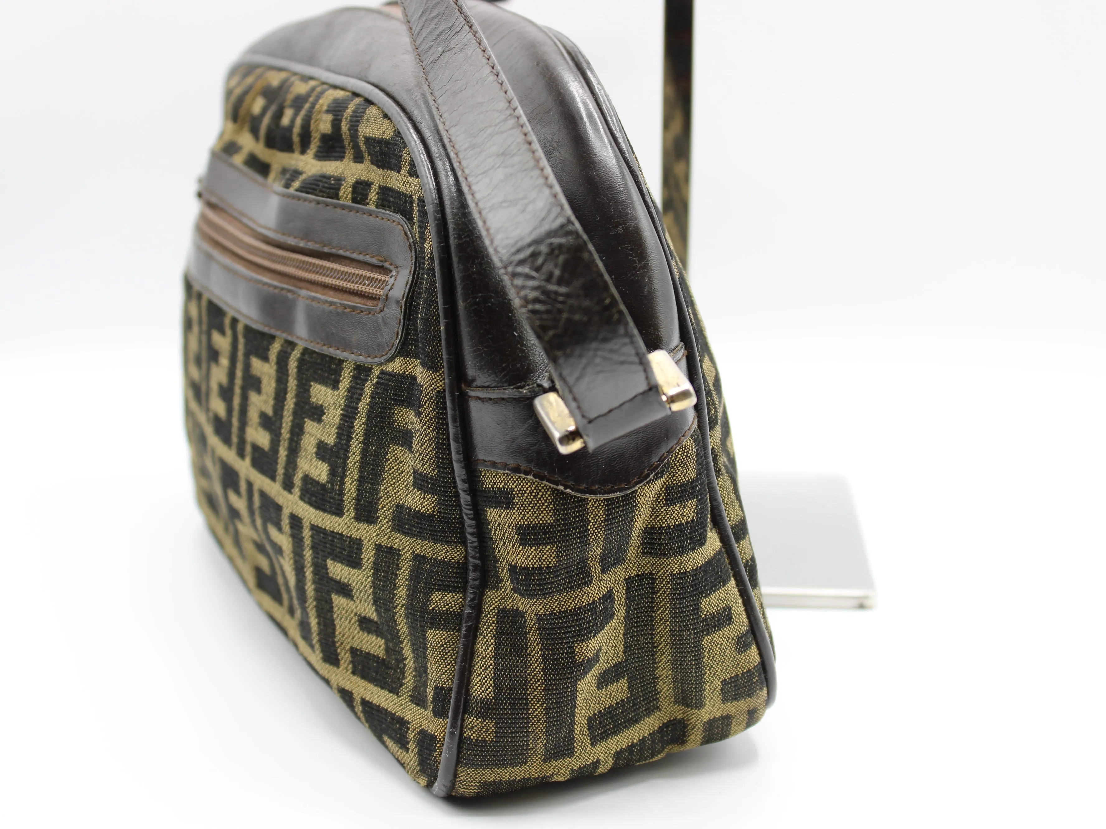 Fendi Zucca Pattern Crossbody Bag Leather Trim Front Pocket Vintage