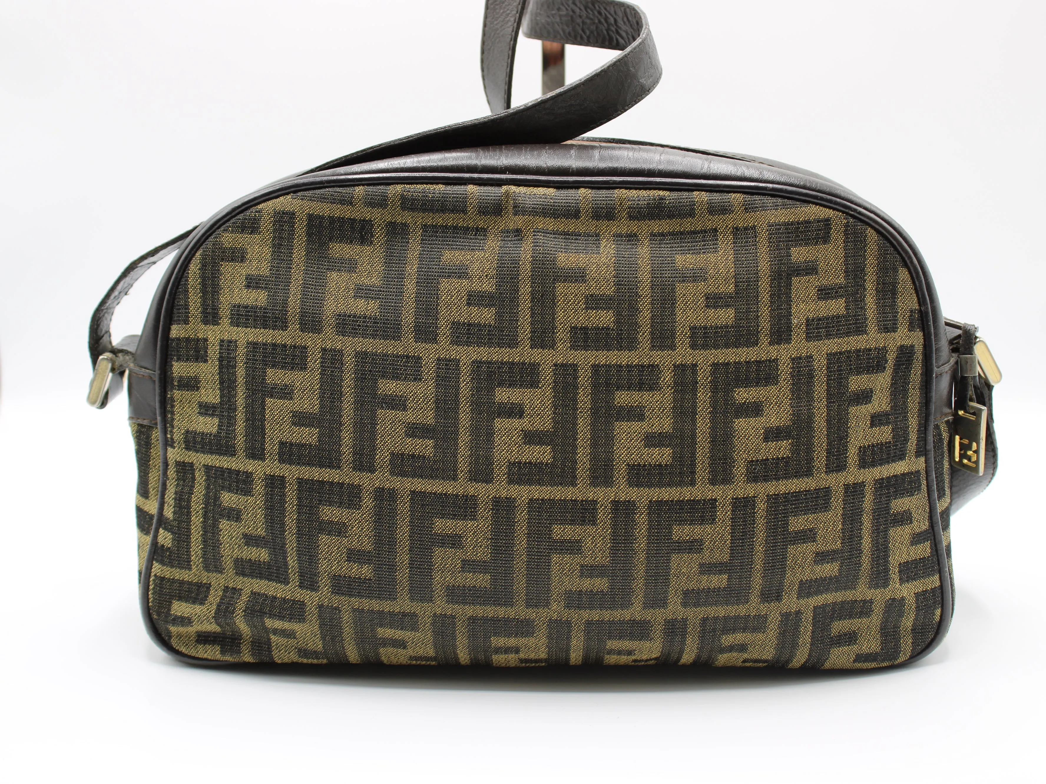 Fendi Zucca Pattern Crossbody Bag Leather Trim Front Pocket Vintage