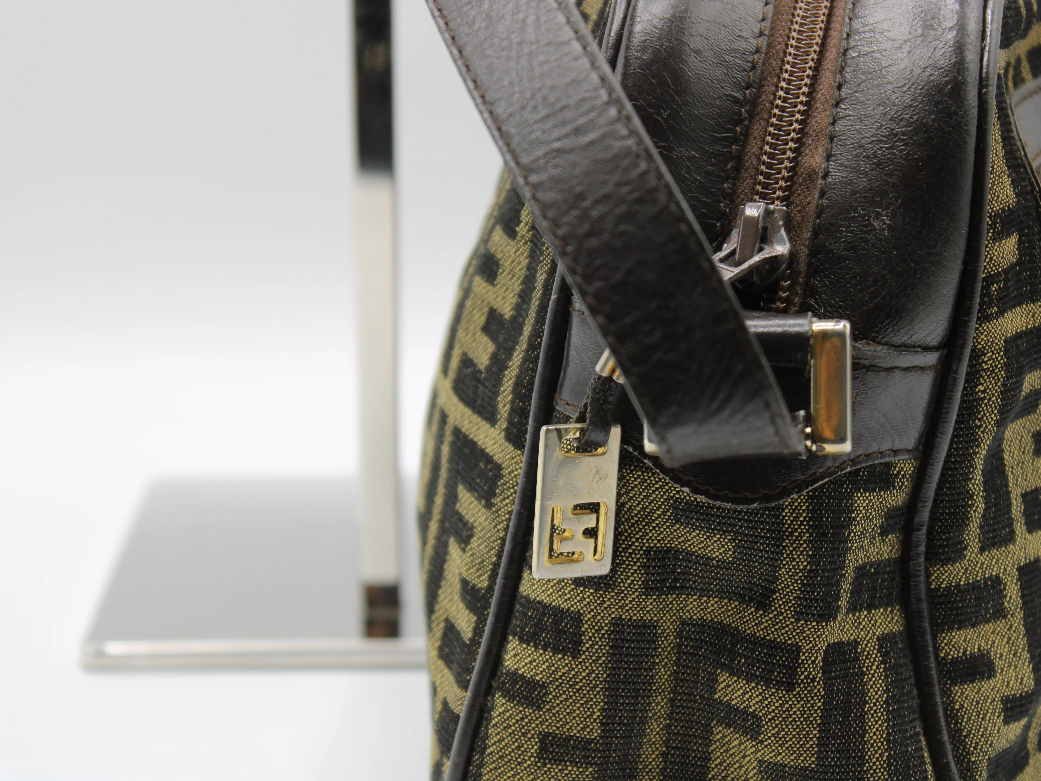 Fendi Zucca Pattern Crossbody Bag Leather Trim Front Pocket Vintage