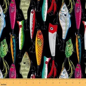 Fish Fabric by The Yard Colorful Fish Decorative Fabric Fish Hook Fishing Theme Upholstery Fabric Ocean Sea Animal Waterproof Fabric DIY Craft Patchwork Upholstery and Home Accents, 10 Yards Black