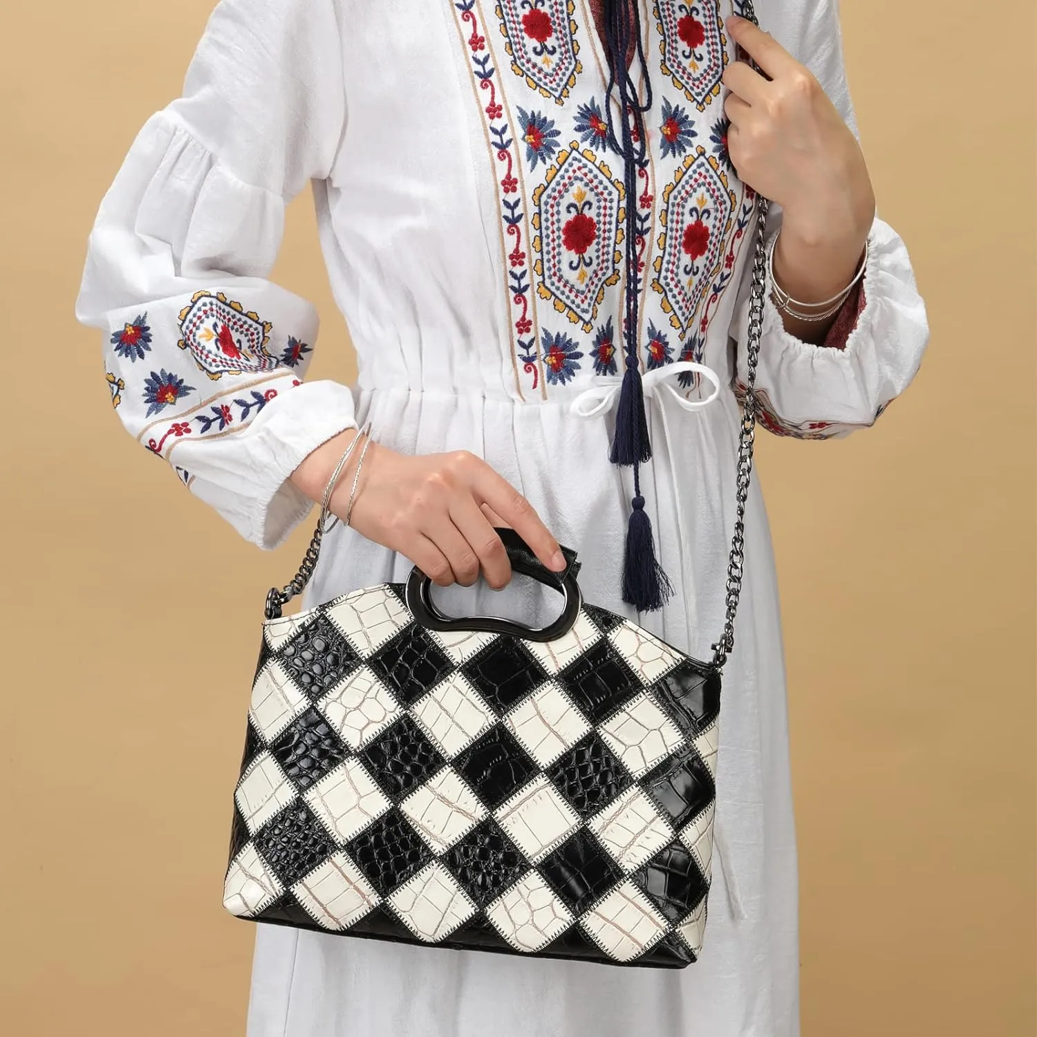 Floral Pattern Women Purse, Leather Ladies Designer Tote Bag Handbag Multicolor Patchwork Shoulder Bags